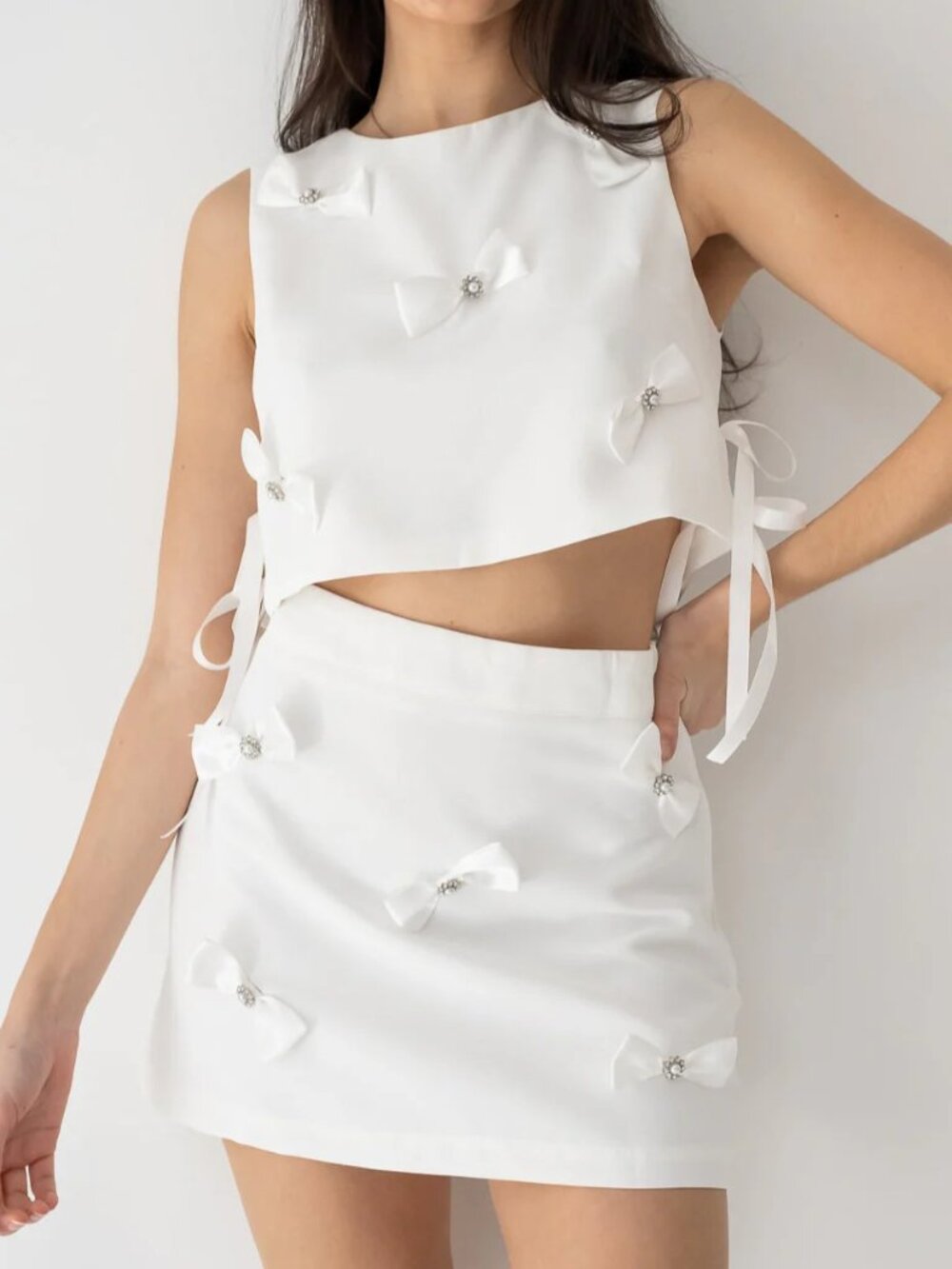 White Bow-Embellished Two-Piece Skirt Set